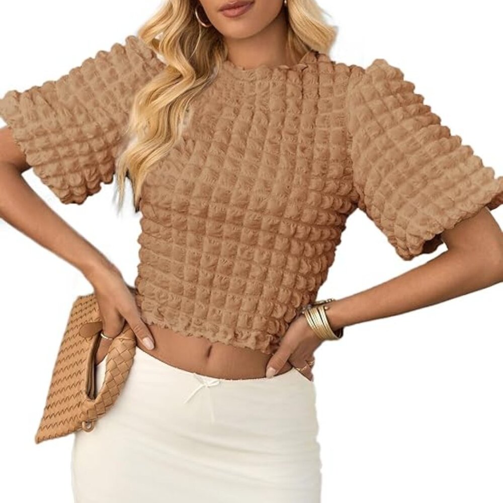 Tan Short Puff Sleeve Top;  Slight Crop Bubble Popcorn Blouse Size M 105
